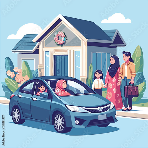 A modern take on the tradition of 'mudik' (homecoming), showing a futuristic self-driving car and family reuniting at home in a sleek flat design