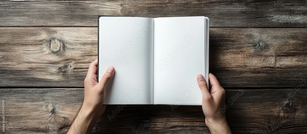 Open blank business notebook held by two hands above a rustic wooden table, showcasing textured brown wood grains and soft natural light. Open blank business notebook held by two hands above a rustic wooden table, showcasing textured brown wood grains and soft natural light.