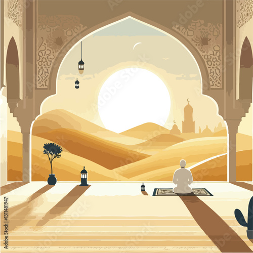 The image of the mosque and people praying with a very stunning sunset background