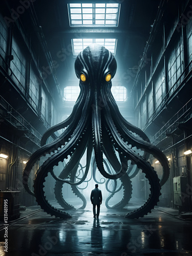 A top secret scientific experiment gone terribly wrong unleashing a bizarre menacing lifeform in a dark futuristic industrial environment  The creature s strange tentacled form looms ominously photo