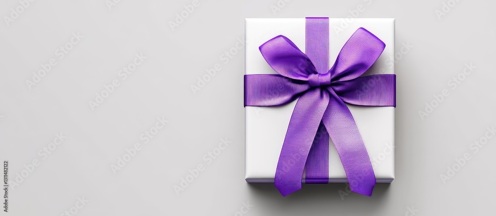 Elegant white gift box adorned with a vibrant purple bow, centered on a soft gray background, offering ample copy space for text or branding. Elegant white gift box adorned with a vibrant purple bow, centered on a soft gray background, offering ample copy space for text or branding.