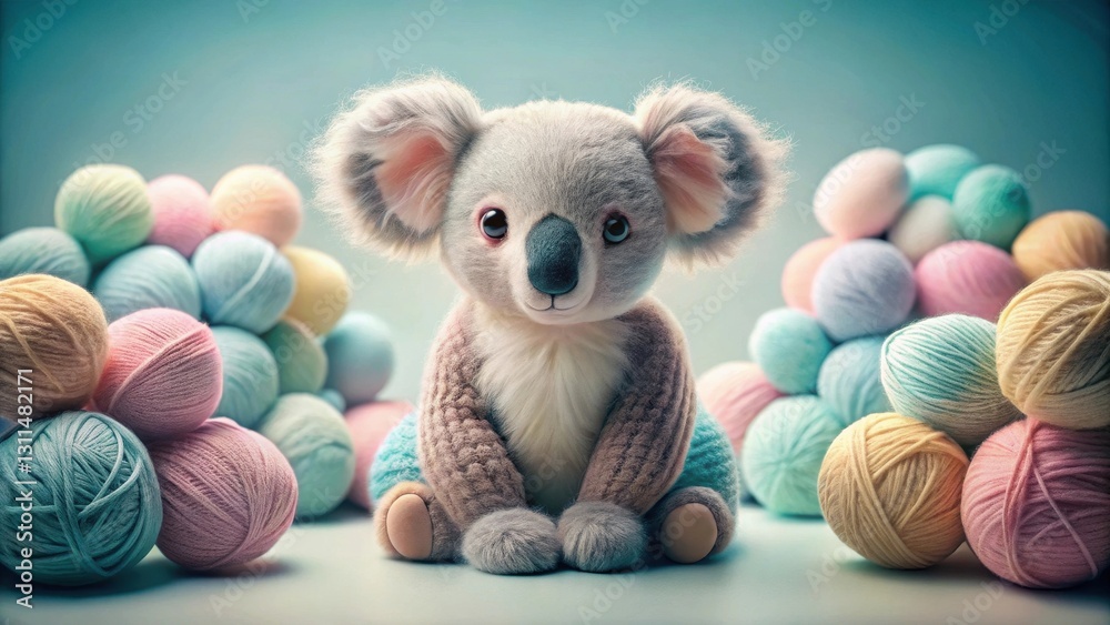 Fototapeta premium Adorable Koala Plush Toy Amidst a Colorful Collection of Yarn Balls, Perfect for Knitting or Crochet Projects