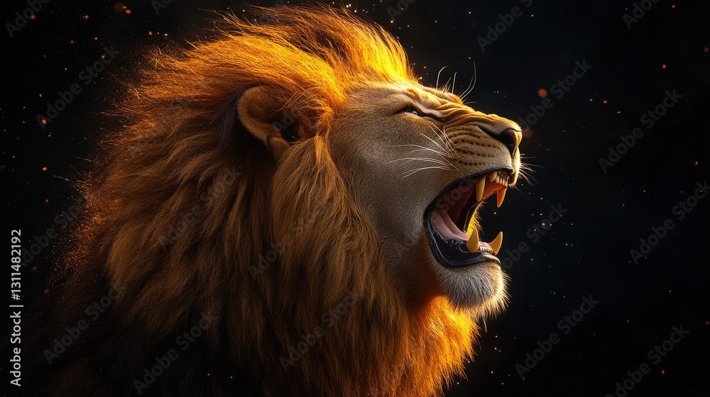 Naklejka premium Behold a majestic lion with an elaborate orange-brown mane, showcasing strength and grace as it surveys its domain with intense golden eyes