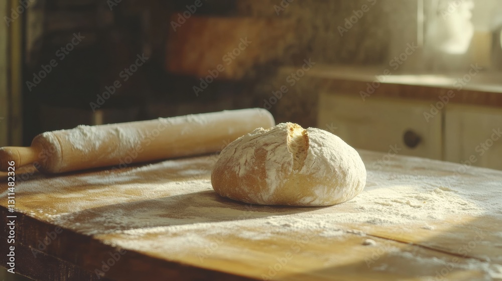 Freshly baked bread on a rustic wooden kitchen counter with warm natural light, rolling pin, and flour dusted hands creating a cozy atmosphere Freshly baked bread on a rustic wooden kitchen counter with warm natural light, rolling pin, and flour dusted hands creating a cozy atmosphere