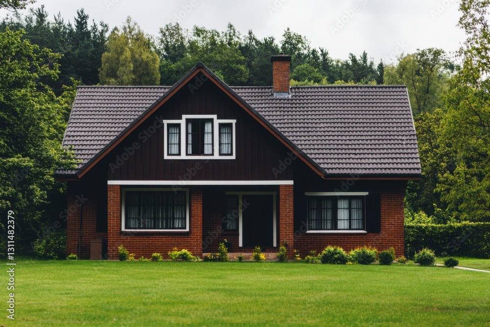 Nestled in a serene setting, this enchanting wooden house features a beautifully sloped roof and is enveloped by vibrant, lush greenery, all under a soft, cloudy sky Nestled in a serene setting, this enchanting wooden house features a beautifully sloped roof and is enveloped by vibrant, lush greenery, all under a soft, cloudy sky