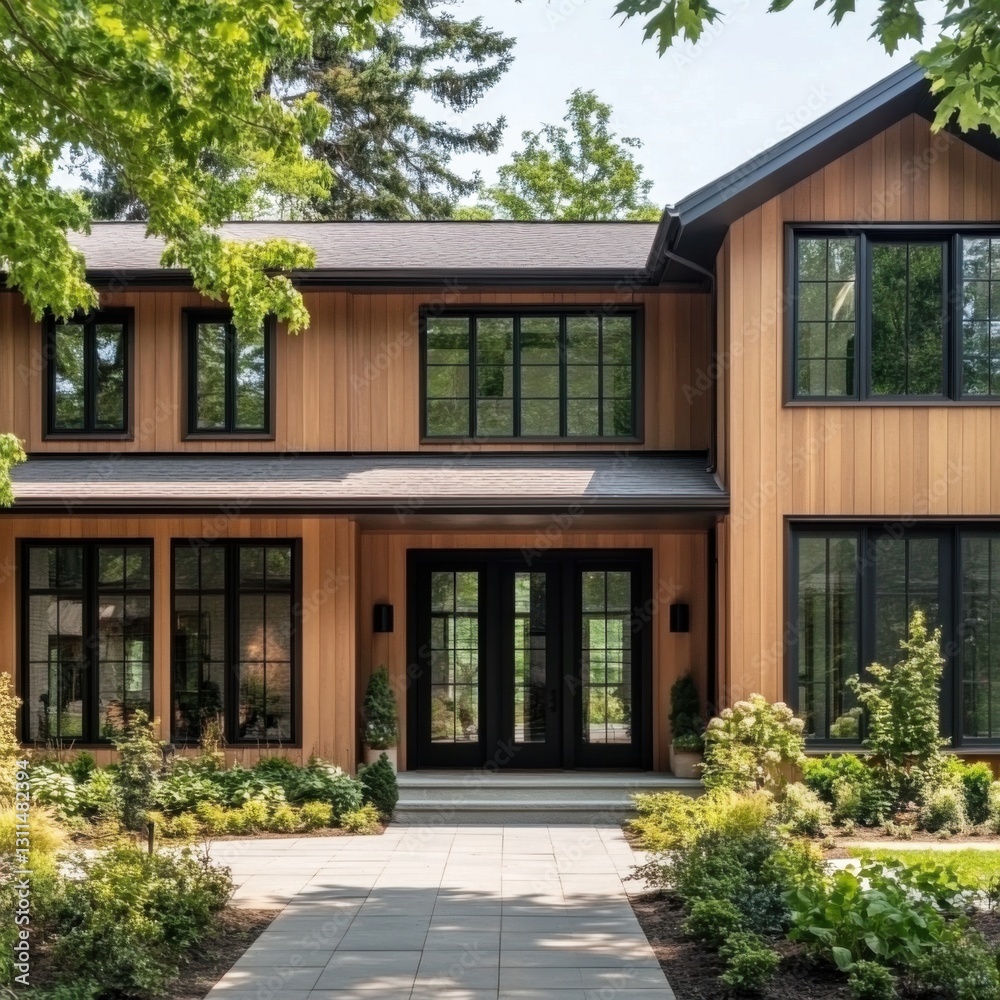 Obraz premium Modern wooden house with large windows surrounded by lush landscaping in midday sunlight, creating a peaceful residential atmosphere