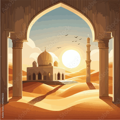 The image of the mosque and people praying with a very stunning sunset background