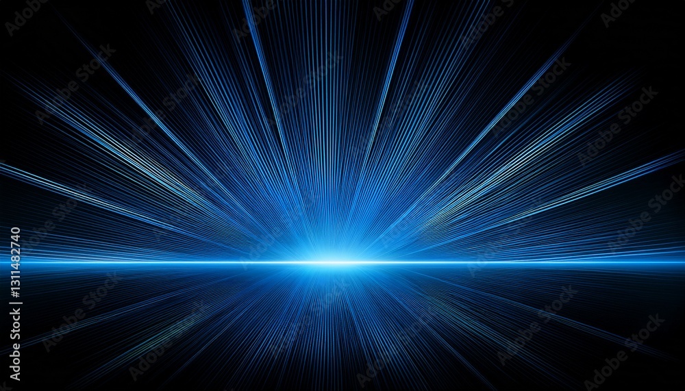 Fototapeta premium Sharp Black Blue Light Metal BG. Stark industrial background. Horizontal cool blue rays reflect on raised dark metallic surface. Edgy & tech backdrop.