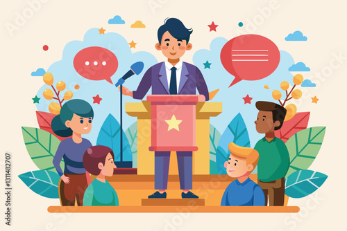 A speaker enthusiastically addresses a diverse audience in a vibrant setting, fostering interaction and discussion, Public talk Customizable Semi Flat Illustration