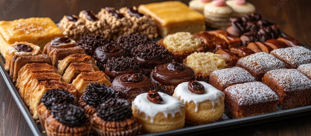 A close up view of a wooden tray showcasing an assortment of Armenian cakes in golden brown, dark brown, and creamy white colors arranged elegantly A close up view of a wooden tray showcasing an assortment of Armenian cakes in golden brown, dark brown, and creamy white colors arranged elegantly