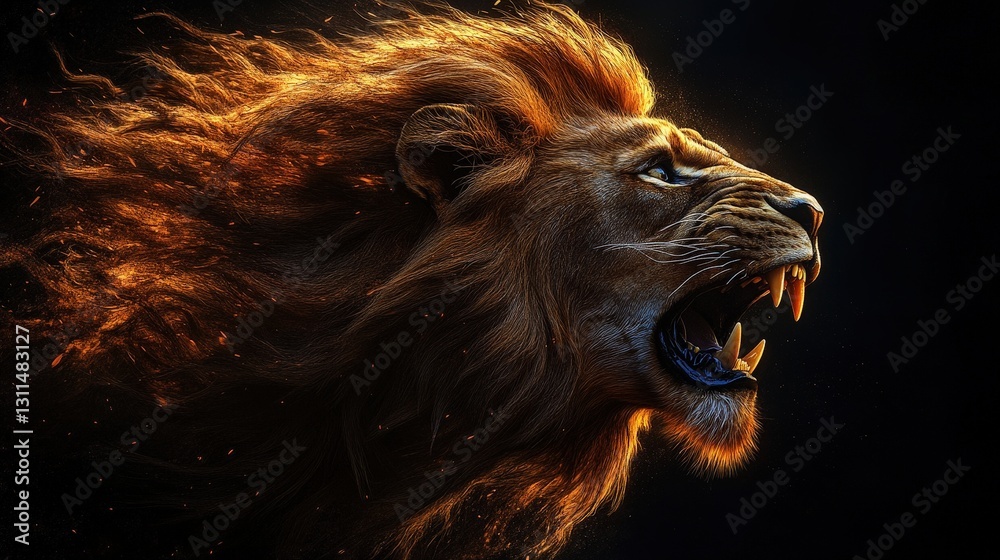 Naklejka premium A majestic lion's head emerges in intricate detail, its golden-brown mane radiating power and warmth. Eyes ablaze with wisdom, set against a rich tapestry of earthy tones. A digital masterpiece captur