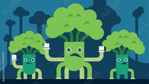 Tree Warriors A group of sy trees with expressive faces their roots stretched boldly and intertwining with factory pipes. The trees are depicted with arms made of branches standing