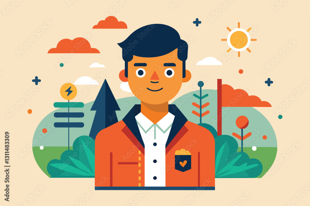 A young man stands proudly against a backdrop of trees, clouds, and sun, showcasing a lively environment, Publish article Customizable Disproportionate Illustration A young man stands proudly against a backdrop of trees, clouds, and sun, showcasing a lively environment, Publish article Customizable Disproportionate Illustration