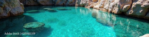 Crystal clear water plunges into turquoise basin, royalty-free, clean