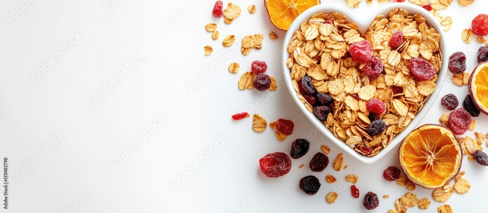 Heart-shaped bowl filled with oat flakes, dried fruits, and orange slices on a white background with scattered berries and orange peels. Heart-shaped bowl filled with oat flakes, dried fruits, and orange slices on a white background with scattered berries and orange peels.