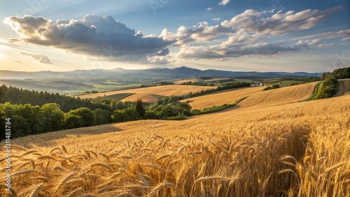 Fototapeta Naklejka Na Ścianę i Meble -  Scenic landscape of wheat fields in rolling hills, with trees and distant mountains, idyllic countryside view