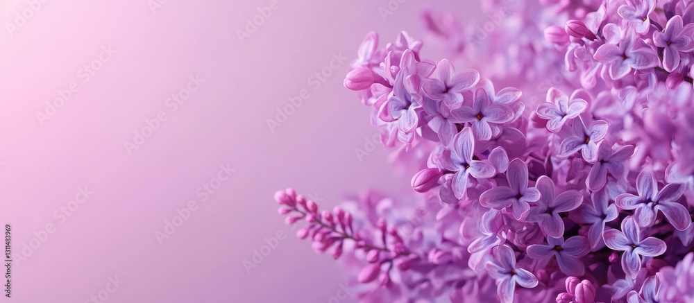 Close up of blooming lilac flowers in soft purple hues on a light pink background with space for text to the left side of the image Close up of blooming lilac flowers in soft purple hues on a light pink background with space for text to the left side of the image
