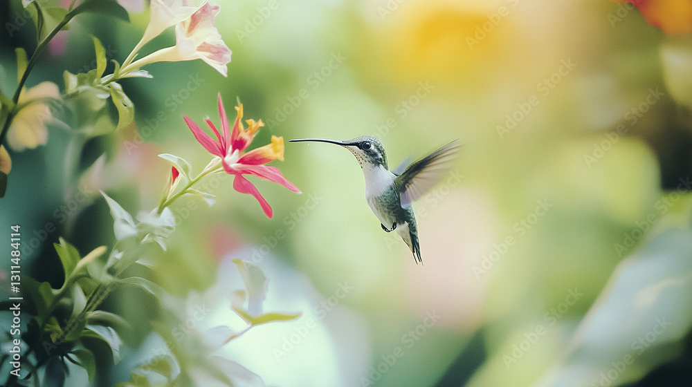Fototapeta premium Hummingbird hovers near vibrant flower in lush garden setting