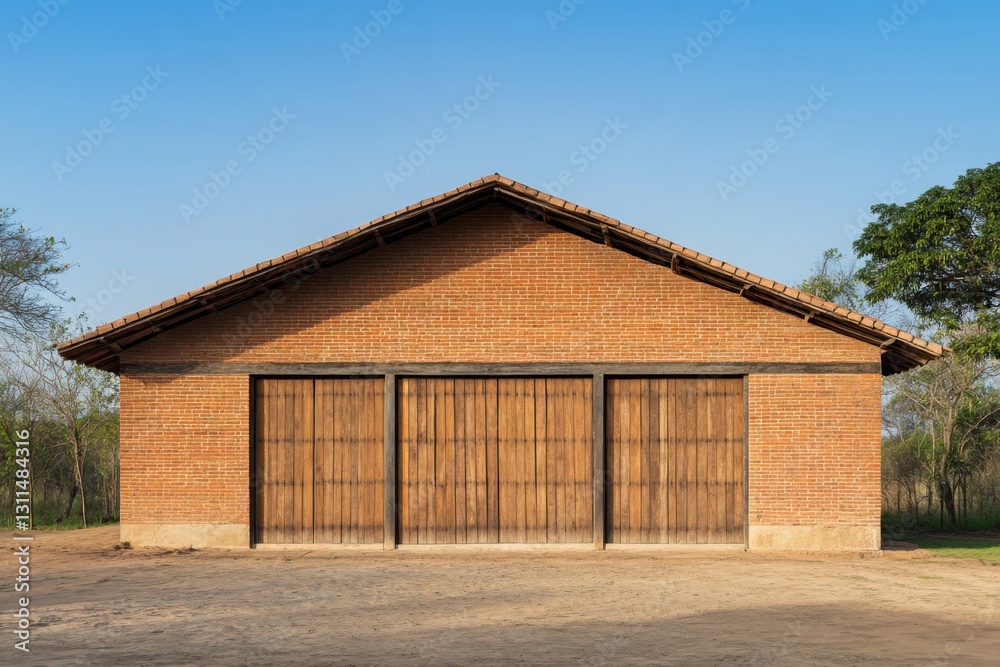 A charming rustic brick barn featuring classic wooden doors stands proudly against a vibrant clear blue sky, nestled in a picturesque rural landscape under the bright sunlight of daytime A charming rustic brick barn featuring classic wooden doors stands proudly against a vibrant clear blue sky, nestled in a picturesque rural landscape under the bright sunlight of daytime