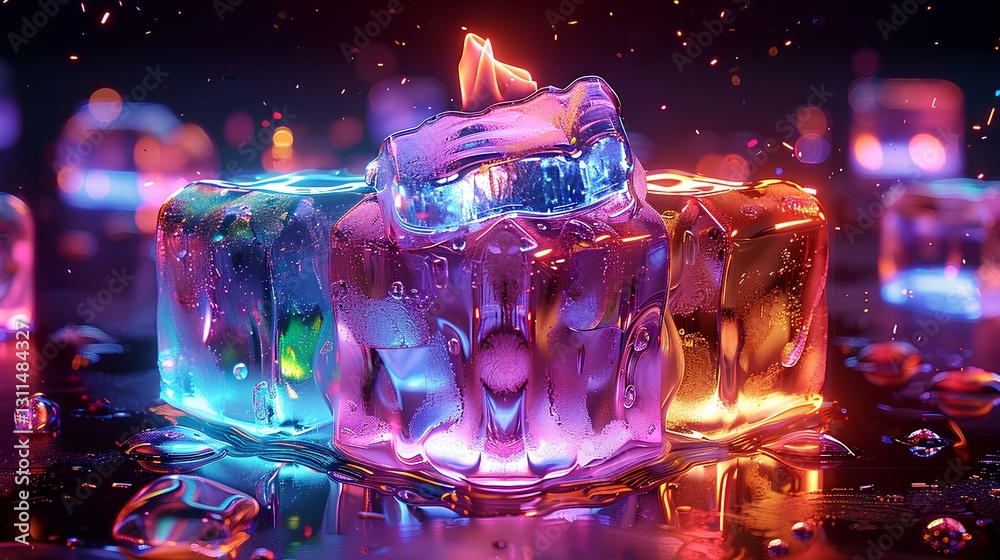 ice cubes, with colorful ice cubes, Large blue flames were rising from the top of the ice, black background