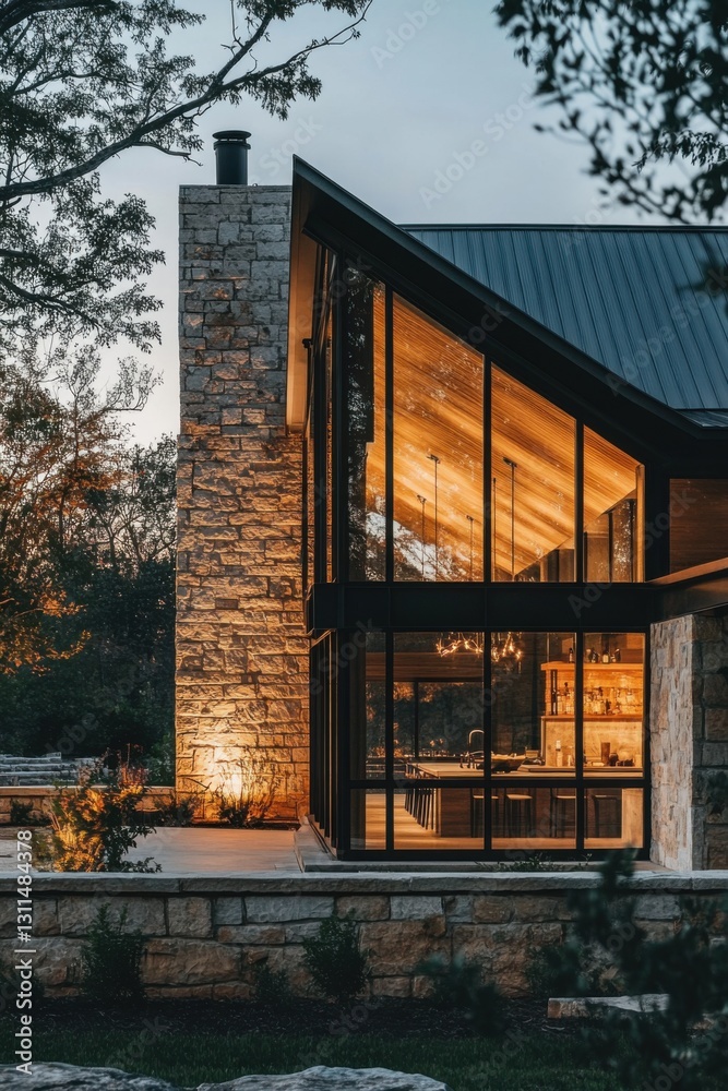 Fototapeta premium A cozy, contemporary house comes alive at dusk, its large windows revealing a beautifully spacious interior that seamlessly integrates with the surrounding nature