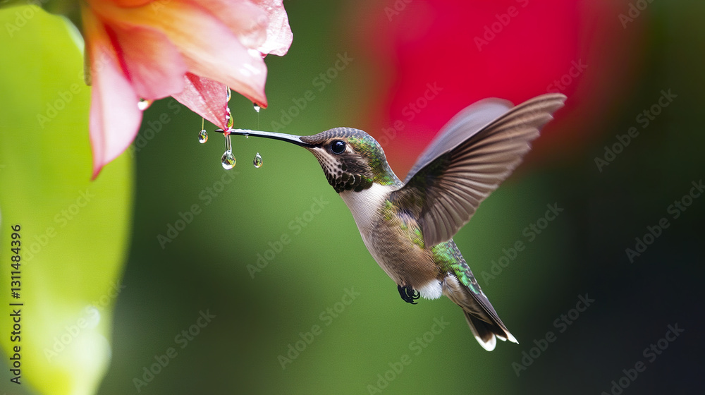 Fototapeta premium Hummingbird hovering near flower, sipping nectar gracefully