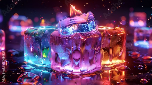 Obraz na płótnie ice cubes, with colorful ice cubes, Large blue flames were rising from the top of the ice, black background w salonie