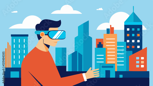 Urban Planning City planners using AR glasses to superimpose new building designs over an existing urban landscape marking potential sites for future development.