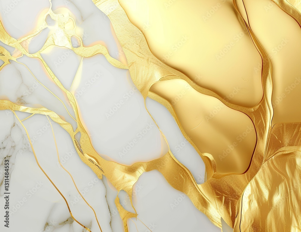 Gold and white marble background with golden veins, vector illustration, white space in the center of the composition