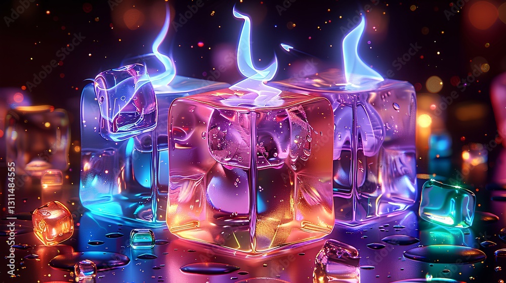ice cubes, with colorful ice cubes, Large blue flames were rising from the top of the ice, black background 