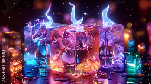 ice cubes, with colorful ice cubes, Large blue flames were rising from the top of the ice, black background 