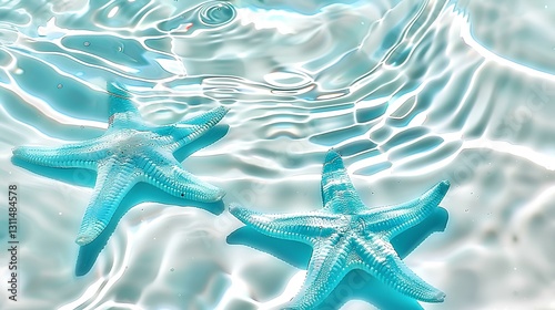 Light blue water, light ripples and reflections, two turquoise starfish floating on the surface, simple background