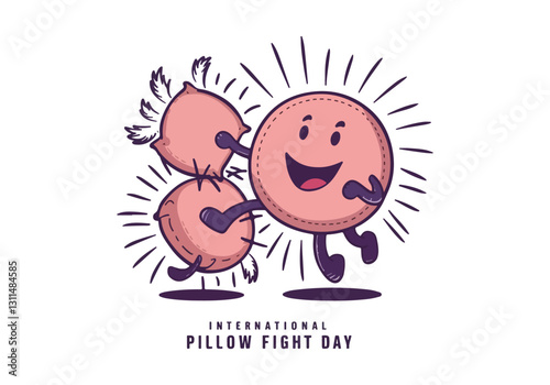 International Pillow Fight Day Vector Illustration | Fun Pillow Battle, Cute Pillow Character, T-Shirt, Poster, Sticker, Social Media Post | Solid Colors, No Gradients