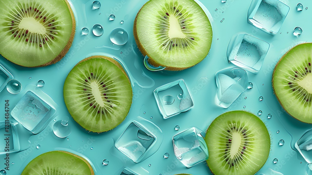 kiwi slices, ice cubes, Lots of little drops of water, background minimal and turquoise