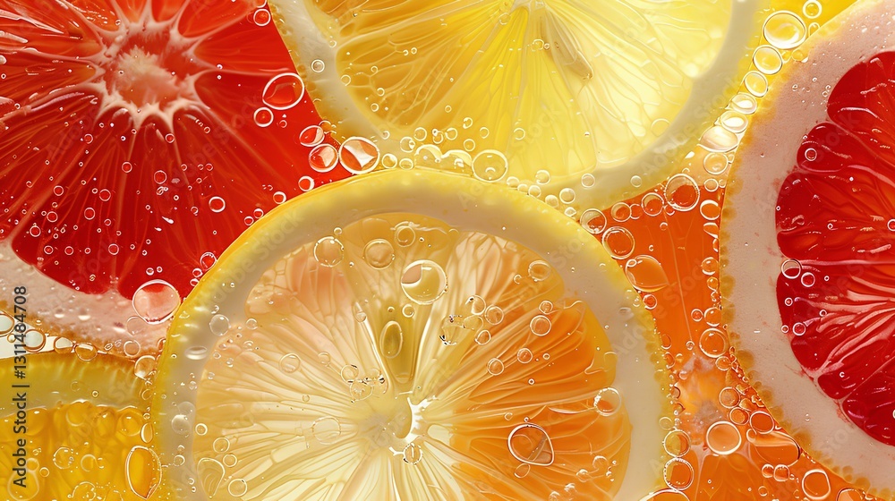 lemon , grapefruit, orange slices overlapping, water drops