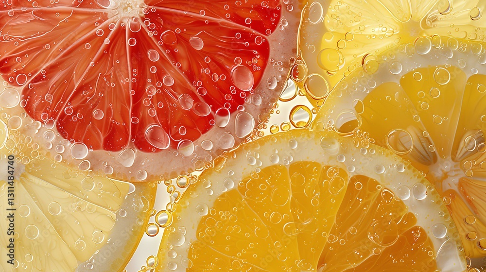 lemon , grapefruit, orange slices overlapping, water drops