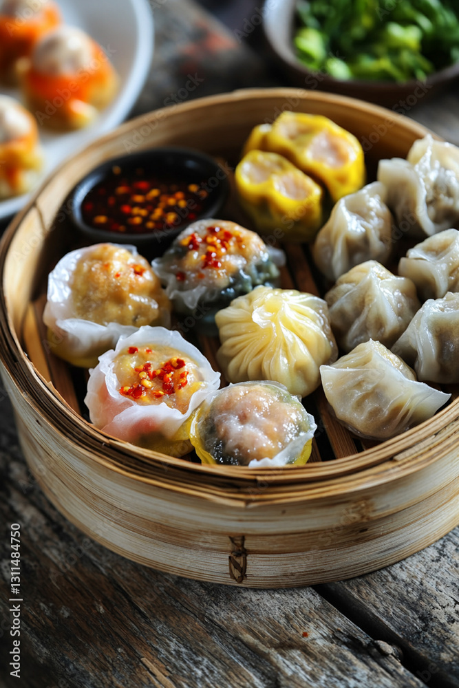 Assortment of dim sum in bamboo basket, served with soy sauce and chili Assortment of dim sum in bamboo basket, served with soy sauce and chili