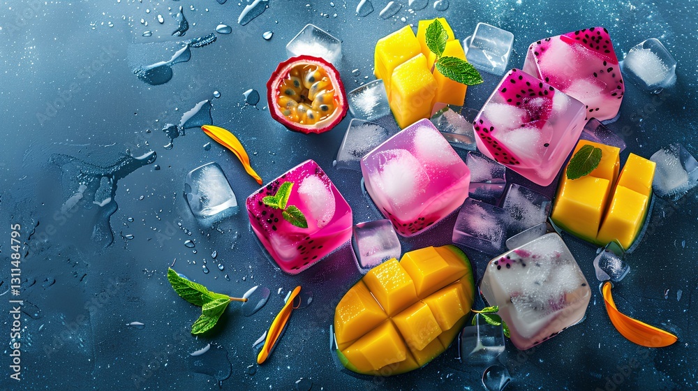 ice cubes with exotic fruit mix with dragon fruit, mango, passion fruit
