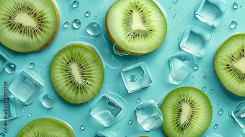 kiwi slices, ice cubes, Lots of little drops of water, background minimal and turquoise
