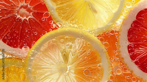 lemon , grapefruit, orange slices overlapping, water drops