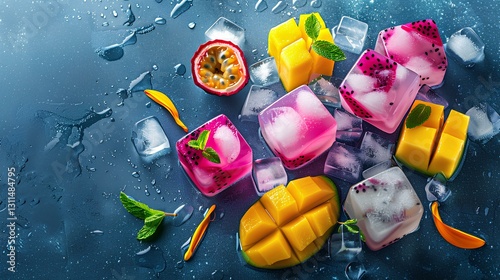 Obraz na płótnie ice cubes with exotic fruit mix with dragon fruit, mango, passion fruit w salonie