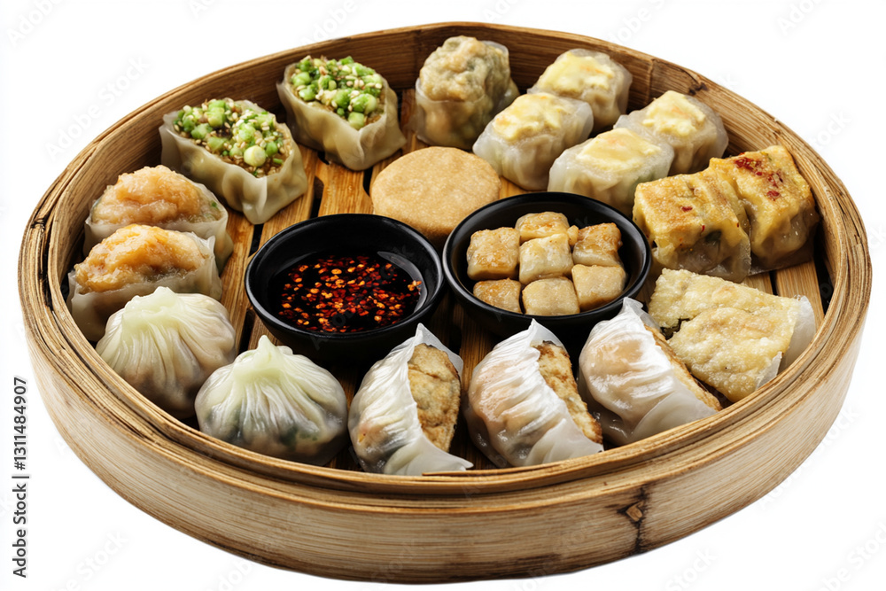 Assortment of dim sum in bamboo basket, served with soy sauce and chili Assortment of dim sum in bamboo basket, served with soy sauce and chili