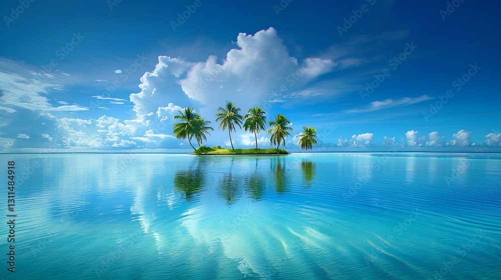 island in the calm sea, coconut trees, blue sky and white clouds