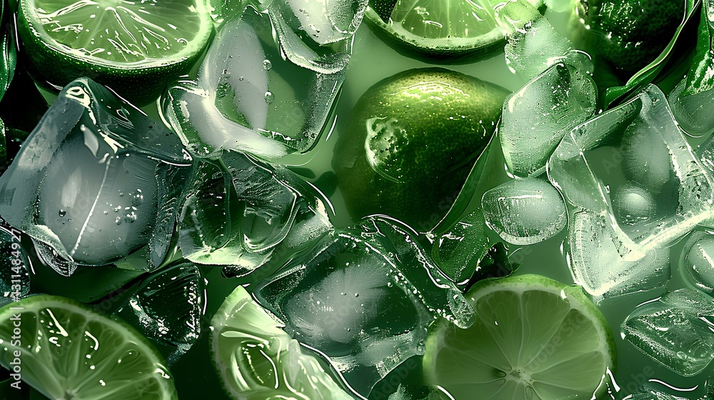 green lemon and water, ice cubes, with a light green and transparent texture style