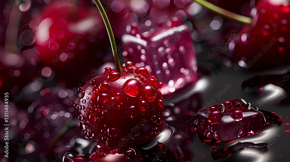many pieces of big Red cherry and little pink ice cube
