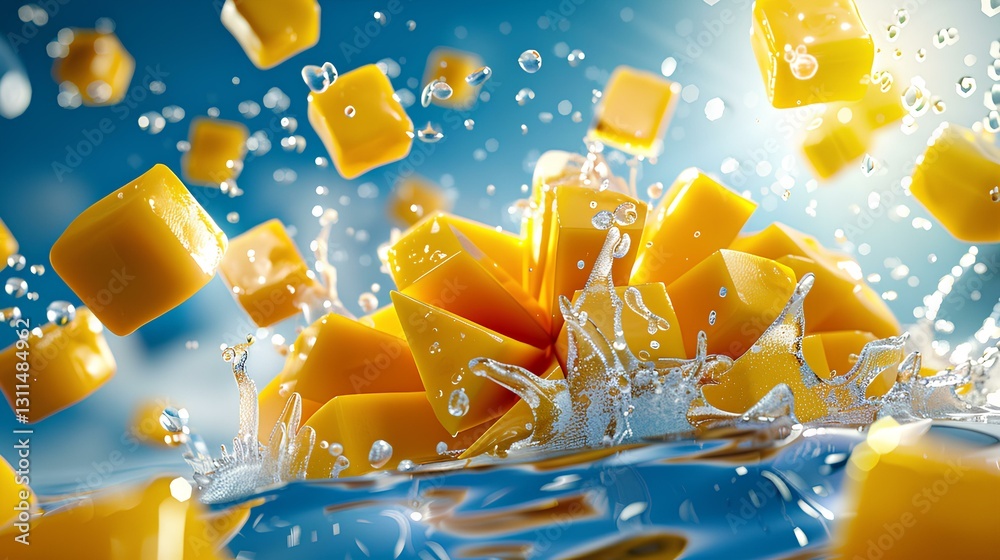 Mango and ice cubes, sliced mango, ice cubes, in the background of bright blue sky, surreal style fresh fruit color