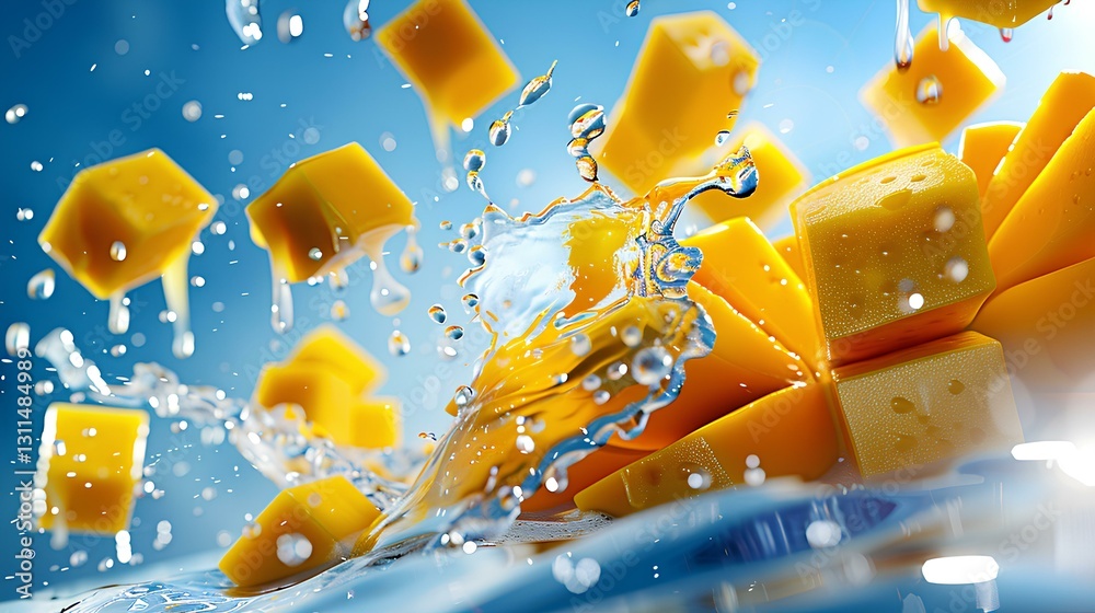 Mango and ice cubes, sliced mango, ice cubes, in the background of bright blue sky, surreal style fresh fruit color