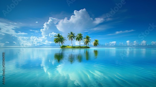 Obraz na płótnie island in the calm sea, coconut trees, blue sky and white clouds w salonie