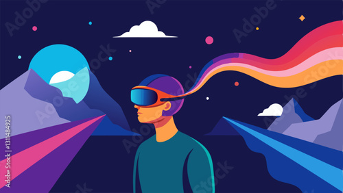 Virtual Landscape Explorer A person fully immersed in a VR headset visualizes a fantasy landscape. Streams of light flow from their head to multicolored 3D terrain showing how