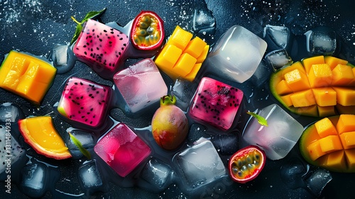 Obraz na płótnie ice cubes with exotic fruit mix with dragon fruit, mango, passion fruit w salonie